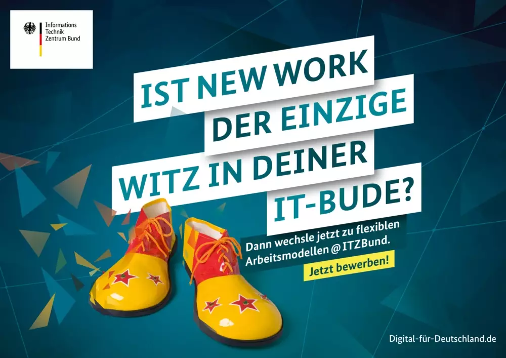 Plakatmotiv: Clownsschuhe daneben der Text: Ist New Work der einzige Witz in Deiner IT-Bude?