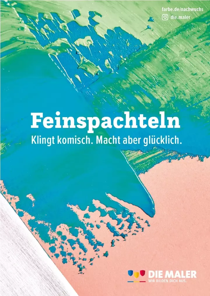 Plakatmotiv: Eine bunte Fläche, über die ein Spachtel gezogen wurde. Darauf das Wort Feinspachteln - klingt komisch, macht aber glücklich.